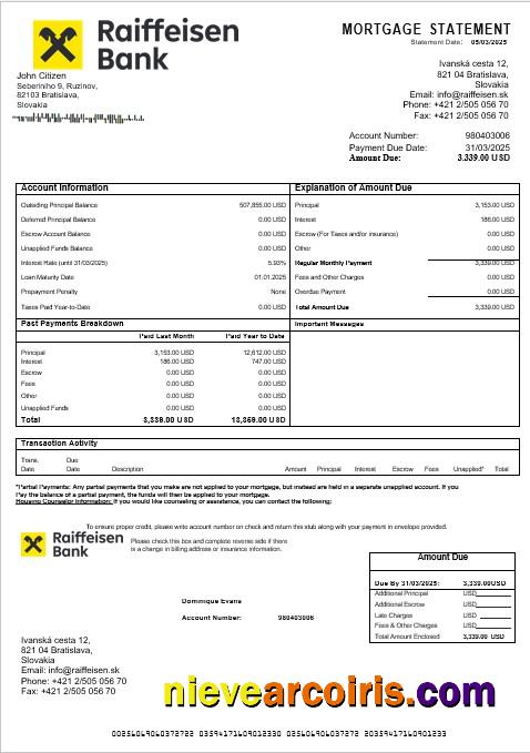Slovakia Raiffeisen bank mortgage statement